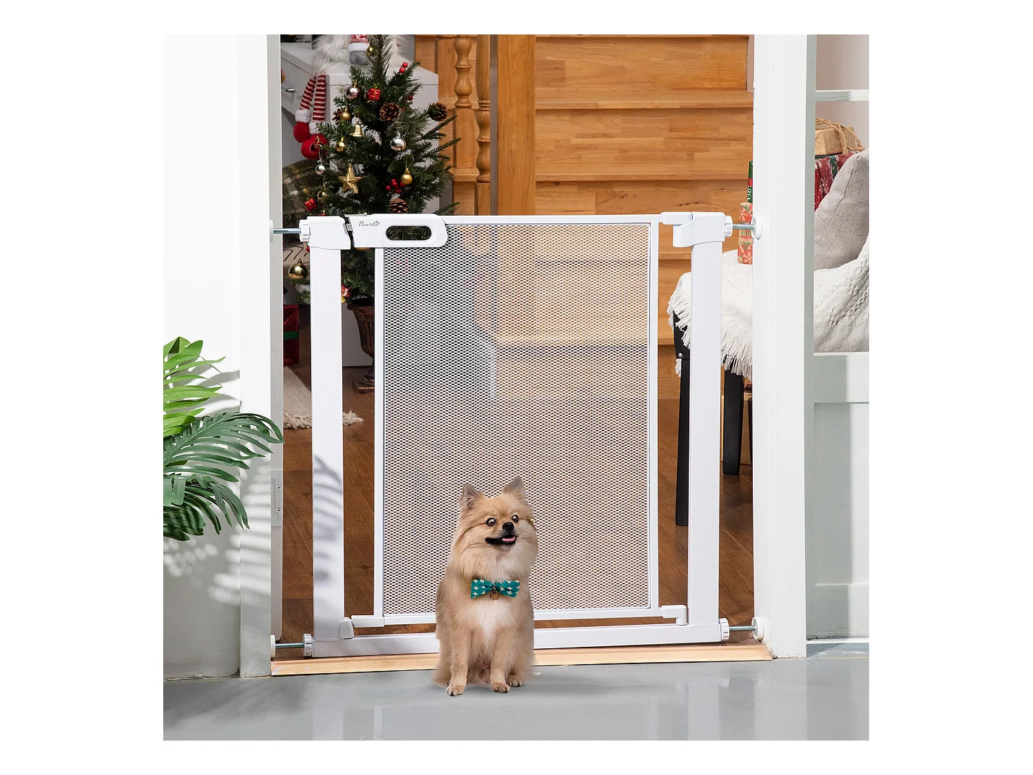 Barrière de sécurité animaux - longueur réglable dim. 75-82 cm - porte double verrouillage, ouverture double sens -sans perçage - acier ABS blanc