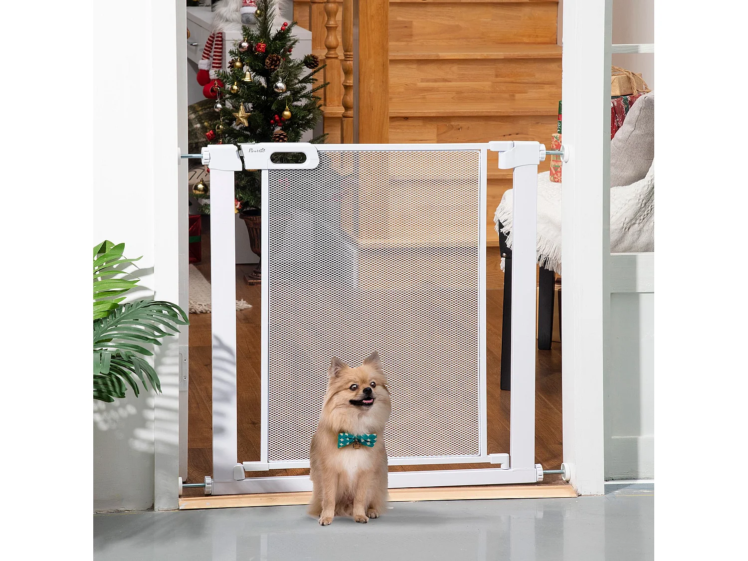 Barrière de sécurité animaux - longueur réglable dim. 75-82 cm - porte double verrouillage, ouverture double sens -sans perçage - acier ABS blanc