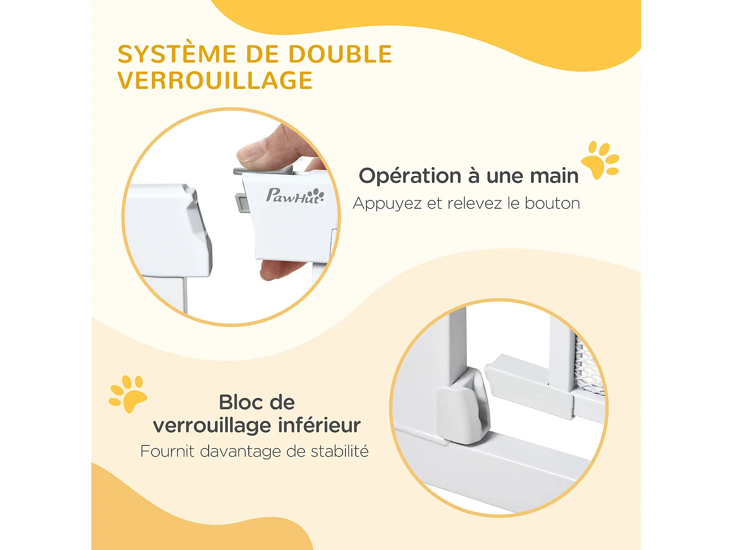 Barrière de sécurité animaux - longueur réglable dim. 75-82 cm - porte double verrouillage, ouverture double sens -sans perçage - acier ABS blanc