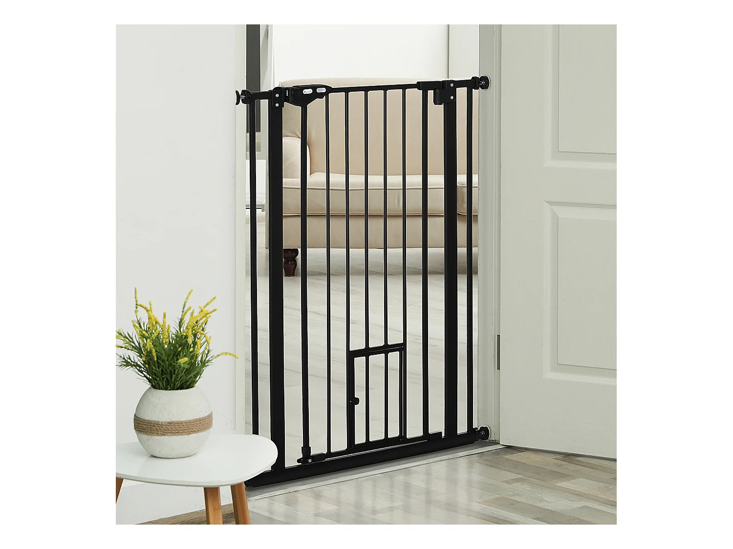 Barrière de sécurité animaux - longueur réglable dim. 74-80 cm - porte double verrouillage, ouverture double sens, petite porte -sans perçage - acier plastique noir