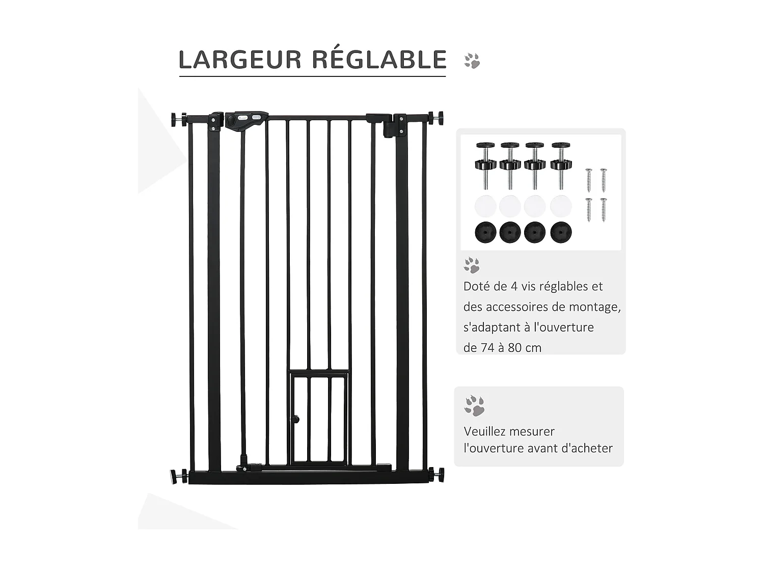 Barrière de sécurité animaux - longueur réglable dim. 74-80 cm - porte double verrouillage, ouverture double sens, petite porte -sans perçage - acier plastique noir