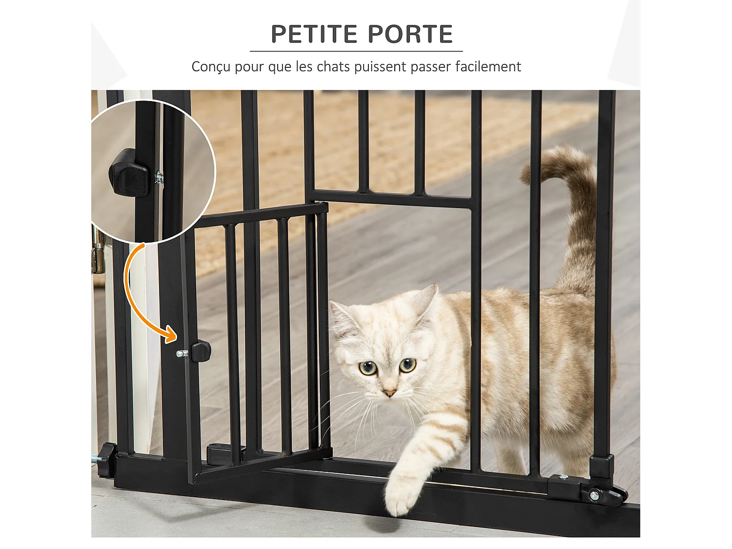 Barrière de sécurité animaux - longueur réglable dim. 74-80 cm - porte double verrouillage, ouverture double sens, petite porte -sans perçage - acier plastique noir