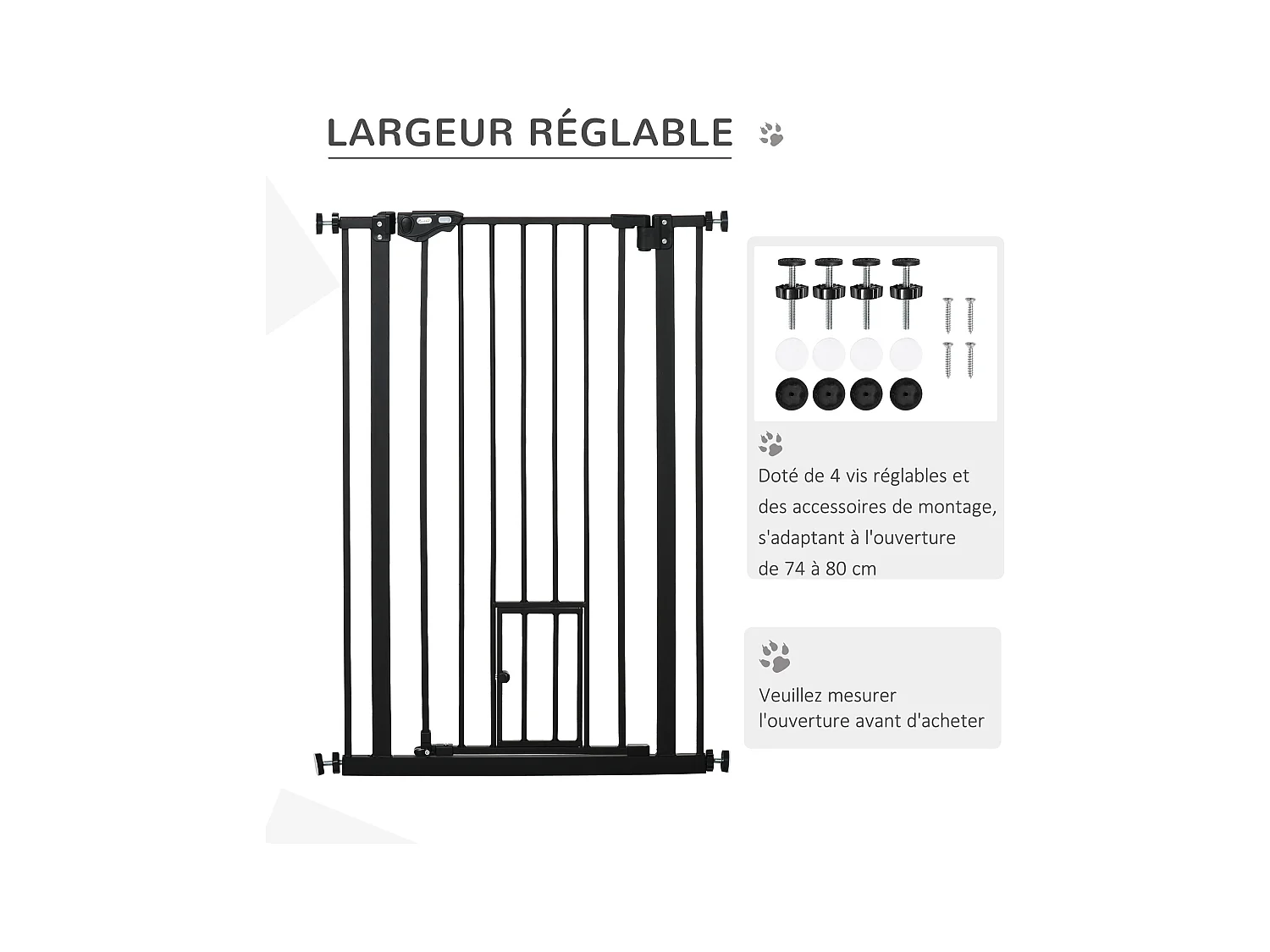 Barrière de sécurité animaux - longueur réglable dim. 74-80 cm - porte double verrouillage, ouverture double sens, petite porte -sans perçage - acier plastique noir