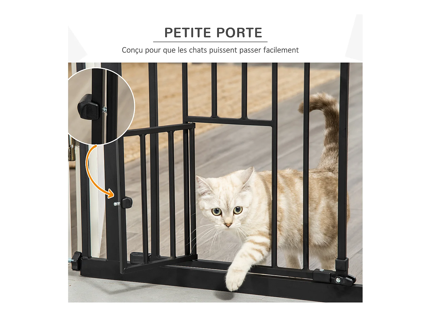 Barrière de sécurité animaux - longueur réglable dim. 74-80 cm - porte double verrouillage, ouverture double sens, petite porte -sans perçage - acier plastique noir