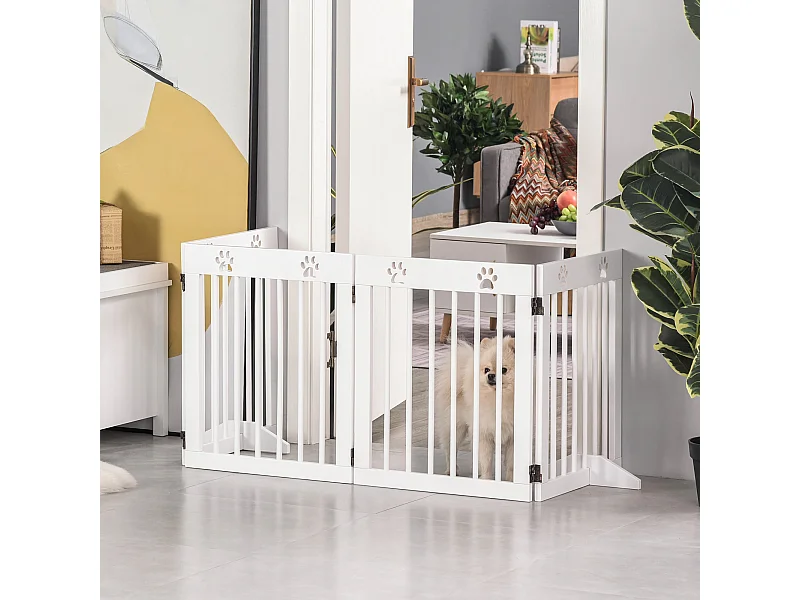 Barrière de sécurité pour animaux - barrière modulable pliable 4 panneaux - motif patte - 2 pieds support - bois de pin blanc