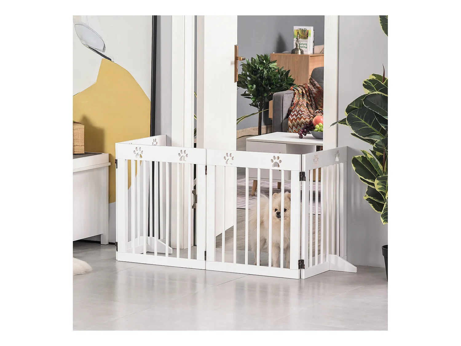Barrière de sécurité pour animaux - barrière modulable pliable 4 panneaux - motif patte - 2 pieds support - bois de pin blanc
