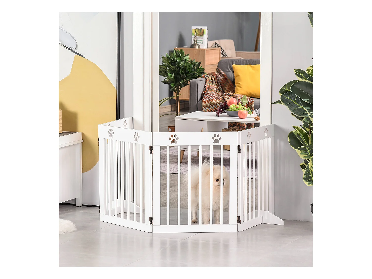 Barrière de sécurité pour animaux - barrière modulable pliable 4 panneaux - motif patte - 2 pieds support - bois de pin blanc