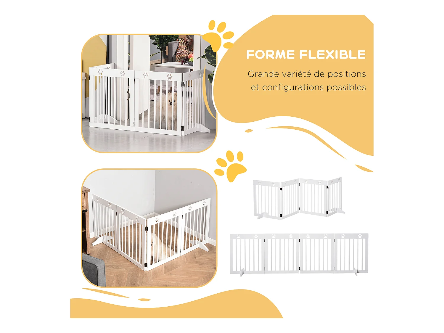 Barrière de sécurité pour animaux - barrière modulable pliable 4 panneaux - motif patte - 2 pieds support - bois de pin blanc
