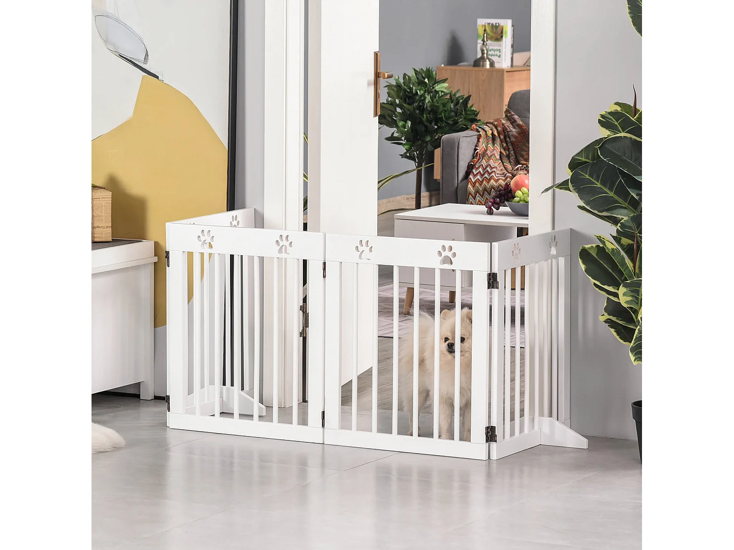 Barrière de sécurité pour animaux - barrière modulable pliable 4 panneaux - motif patte - 2 pieds support - bois de pin blanc