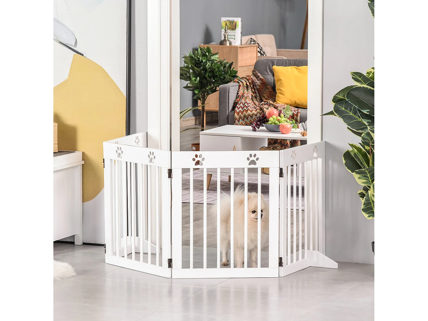 Barrière de sécurité pour animaux - barrière modulable pliable 4 panneaux - motif patte - 2 pieds support - bois de pin blanc