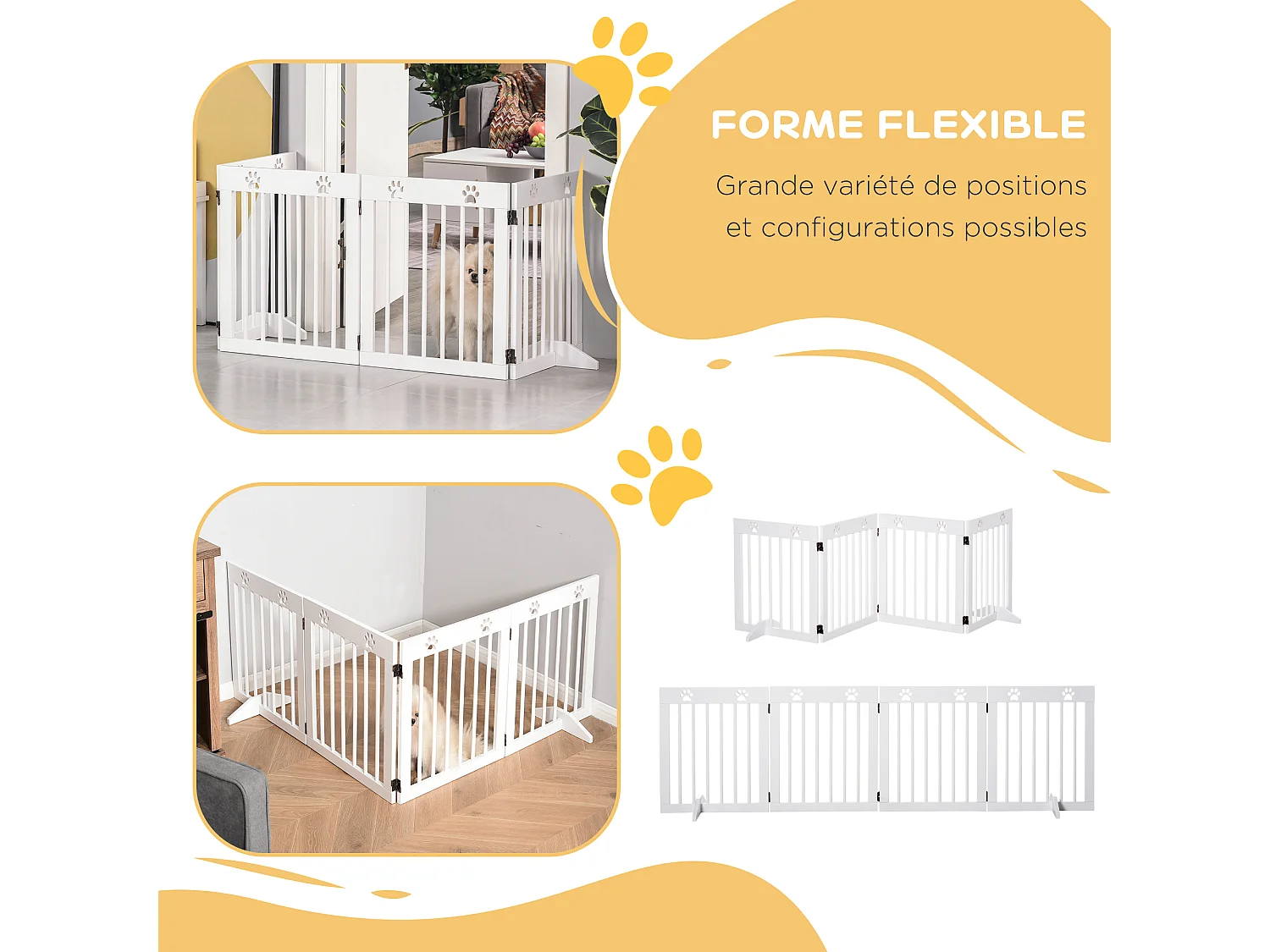 Barrière de sécurité pour animaux - barrière modulable pliable 4 panneaux - motif patte - 2 pieds support - bois de pin blanc