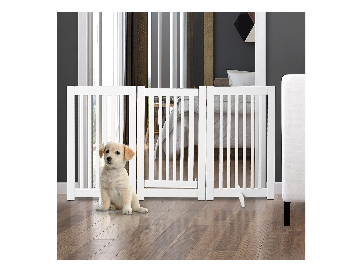 Barrière modulable pliable barrière de sécurité avec porte verrouillable intégrée dim. 155L x 35l x 76H cm MDF blanc