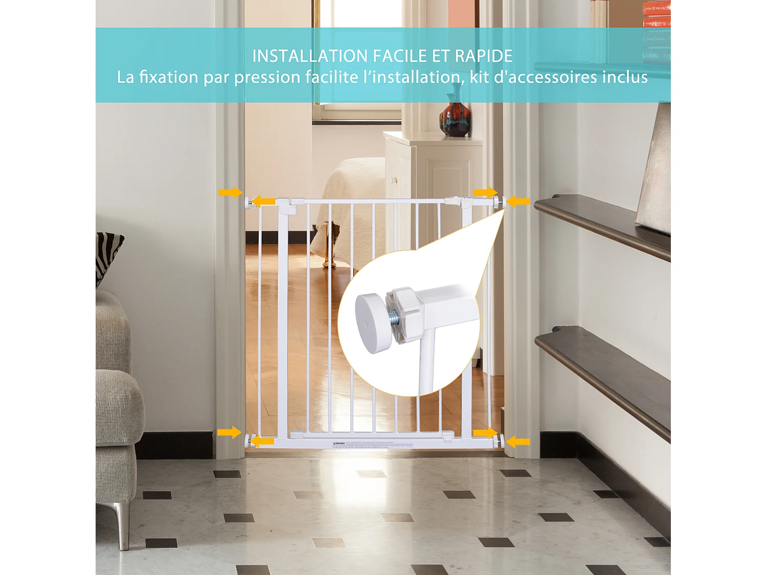 Barrière de sécurité longueur réglable dim. 76-82l x 76H cm sans perçage métal plastique blanc