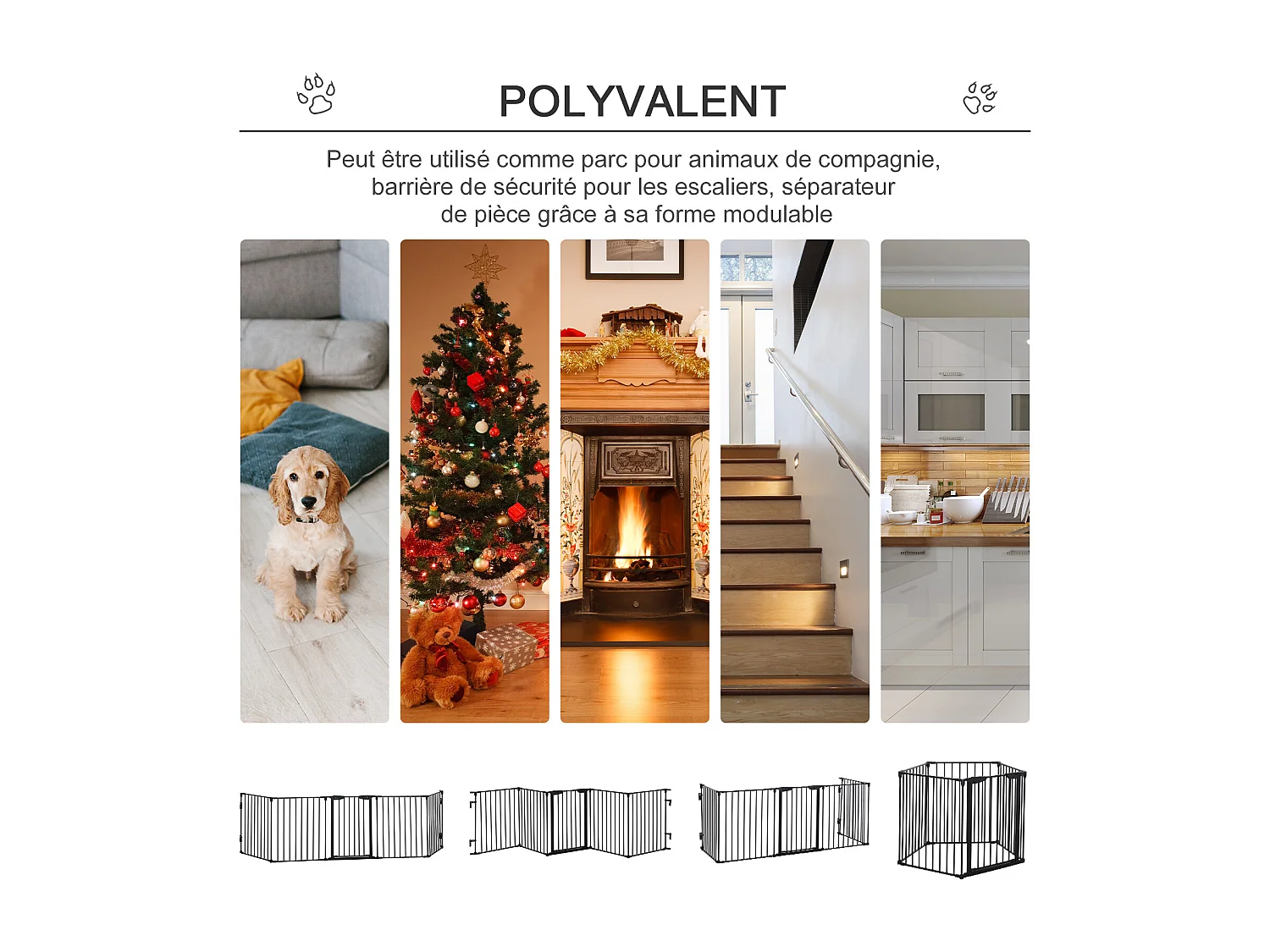 Barrière de sécurité parc enclos chien modulable pliable porte verrouillable intégrée 5 panneaux en métal 300L max. x 74,5H cm métal PP noir