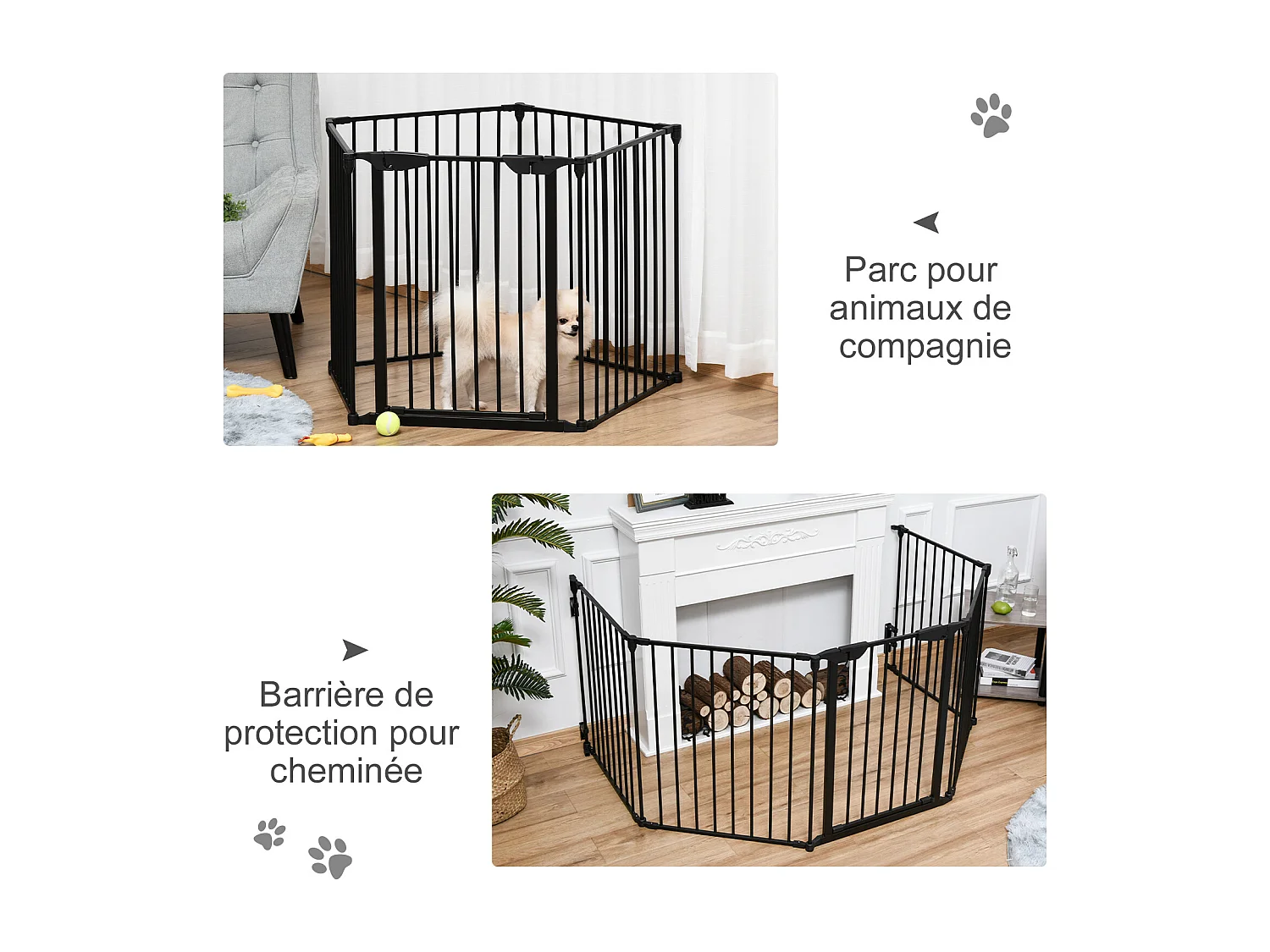 Barrière de sécurité parc enclos chien modulable pliable porte verrouillable intégrée 5 panneaux en métal 300L max. x 74,5H cm métal PP noir