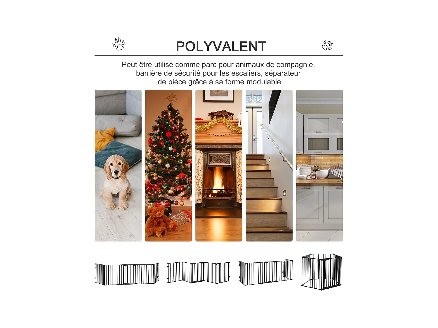 Barrière de sécurité parc enclos chien modulable pliable porte verrouillable intégrée 5 panneaux en métal 300L max. x 74,5H cm métal PP noir