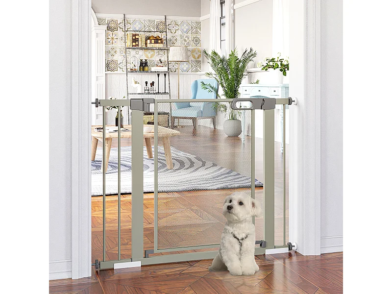 Barrière de sécurité animaux - longueur réglable dim. 75-103 cm - porte double verrouillage, ouverture double sens -sans perçage - acier ABS gris