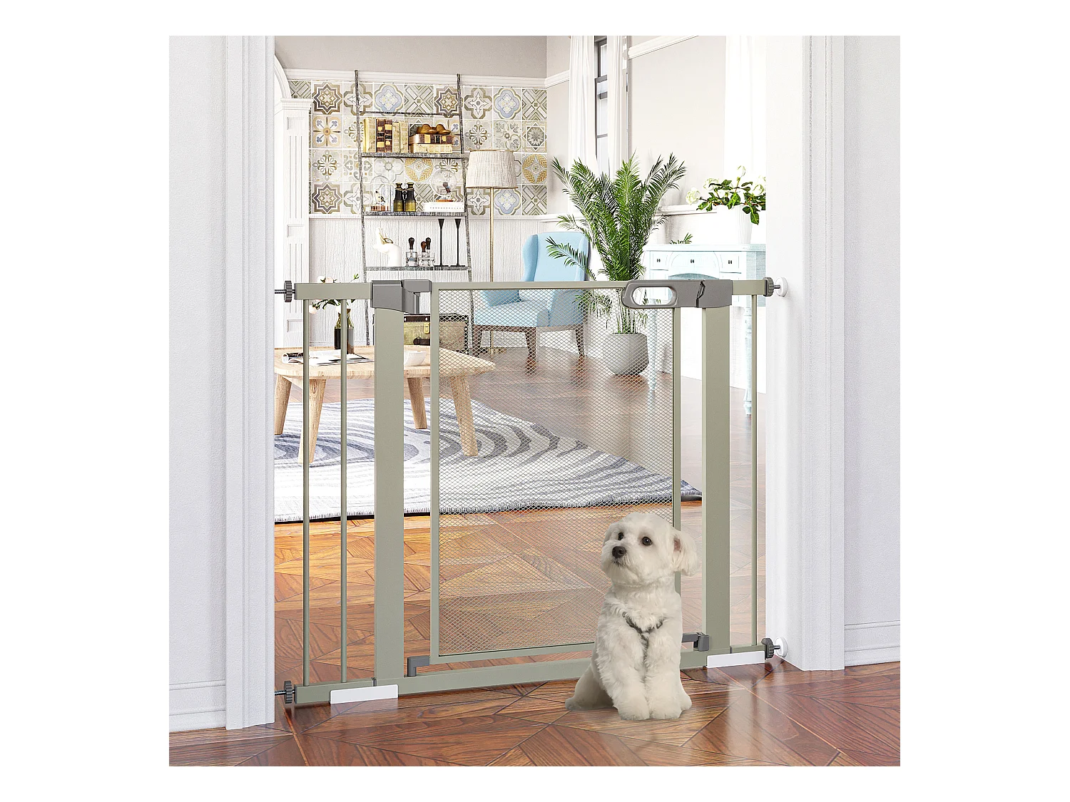 Barrière de sécurité animaux - longueur réglable dim. 75-103 cm - porte double verrouillage, ouverture double sens -sans perçage - acier ABS gris