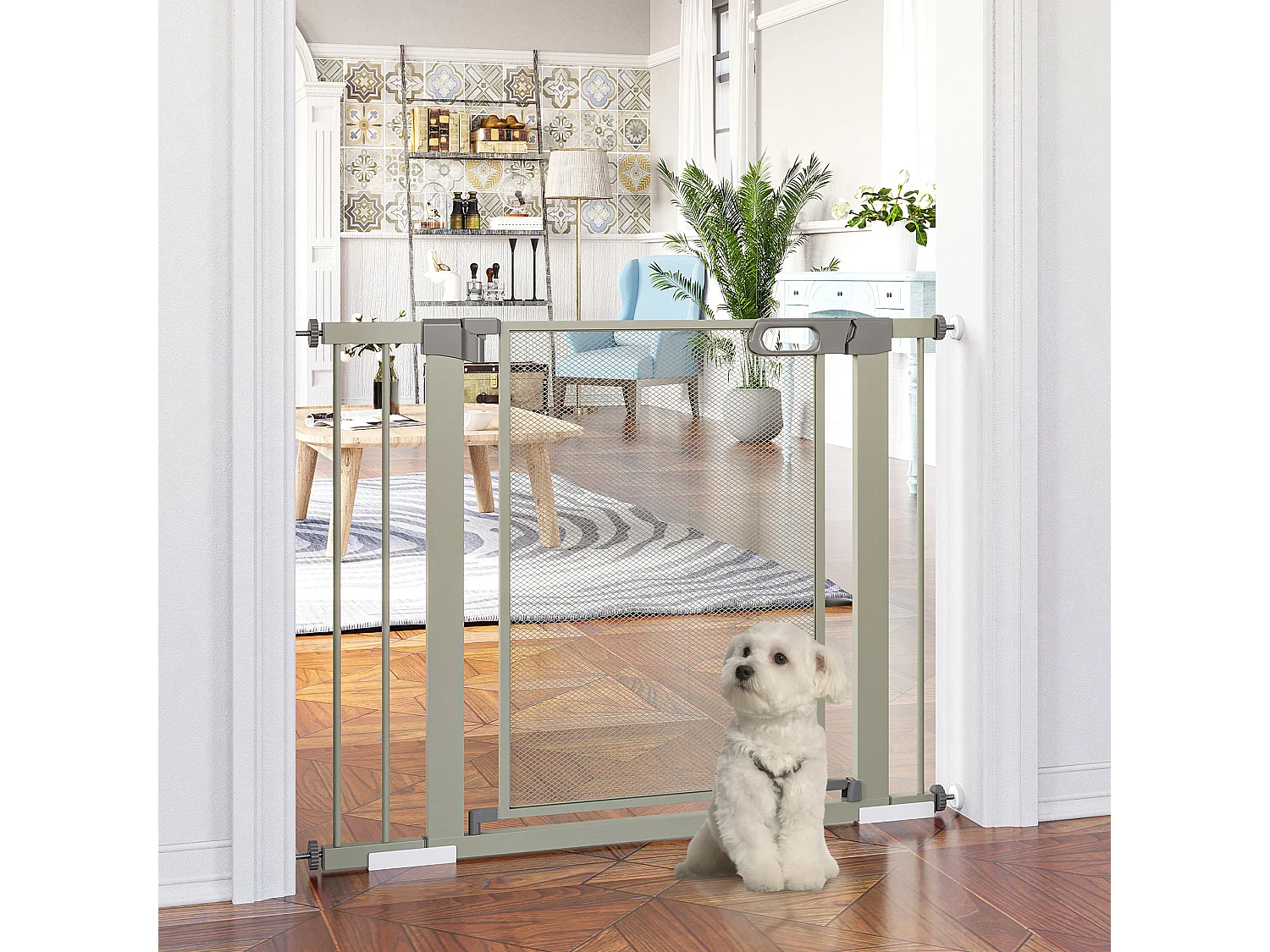 Barrière de sécurité animaux - longueur réglable dim. 75-103 cm - porte double verrouillage, ouverture double sens -sans perçage - acier ABS gris