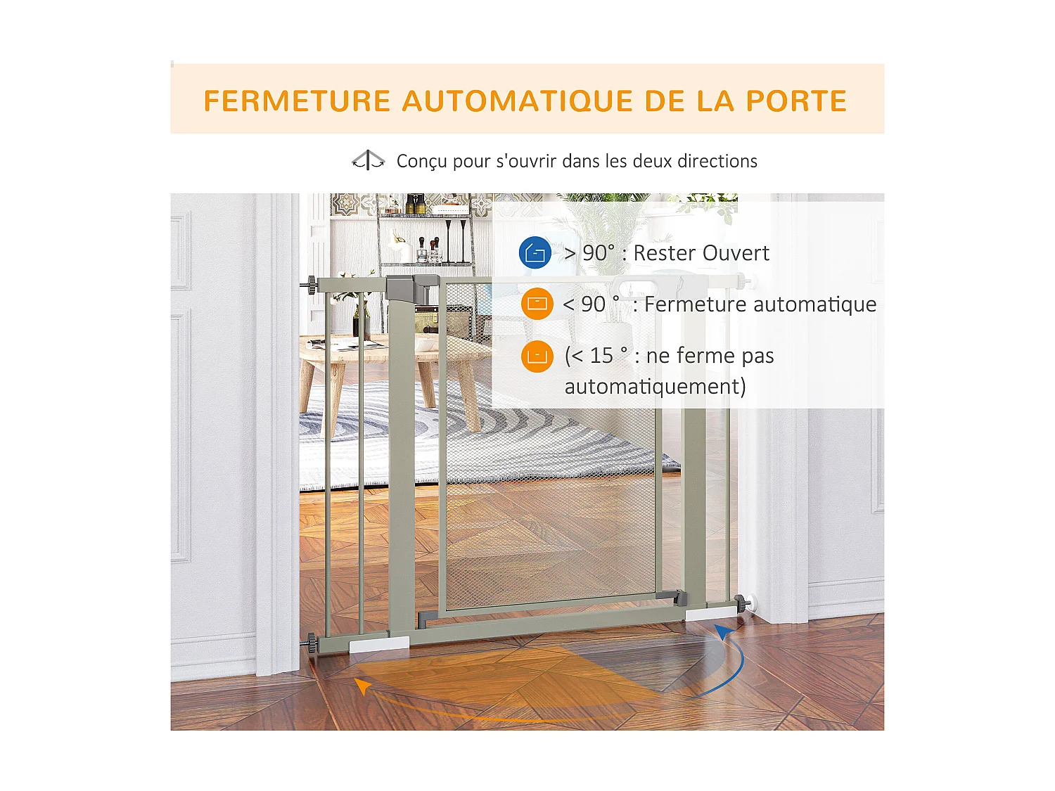 Barrière de sécurité animaux - longueur réglable dim. 75-103 cm - porte double verrouillage, ouverture double sens -sans perçage - acier ABS gris