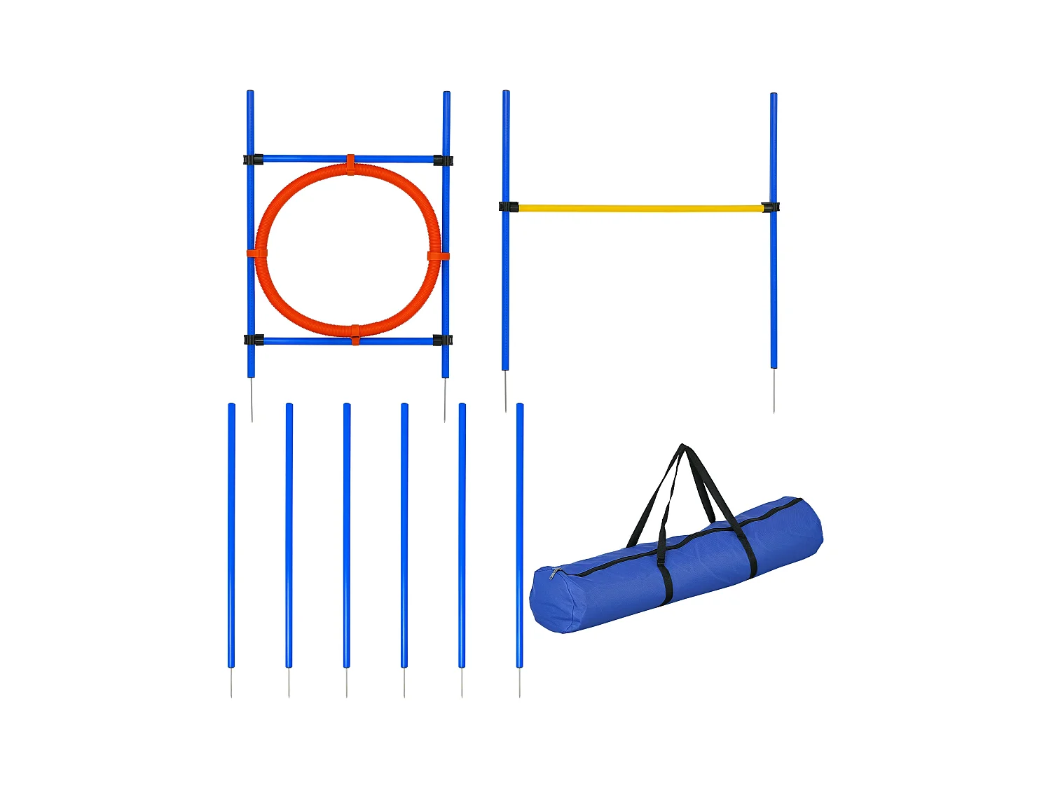 Agility sport pour chiens équipement complet : 6 poteaux slalom, obstacle, anneau + sac de transport bleu jaune rouge