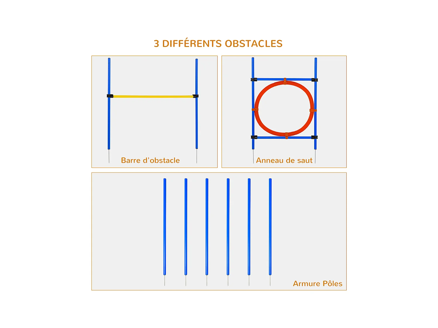 Agility sport pour chiens équipement complet : 6 poteaux slalom, obstacle, anneau + sac de transport bleu jaune rouge