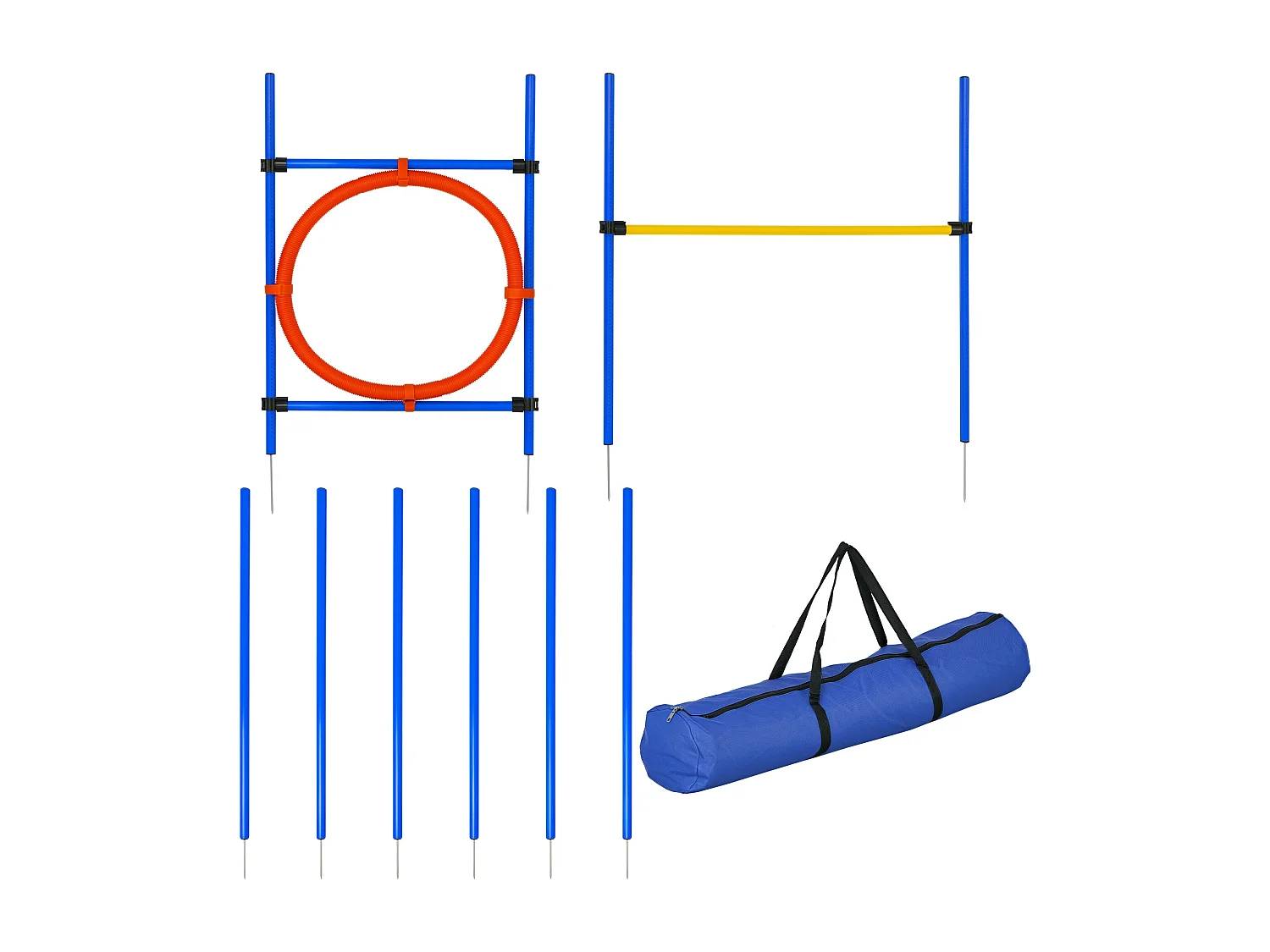 Agility sport pour chiens équipement complet : 6 poteaux slalom, obstacle, anneau + sac de transport bleu jaune rouge