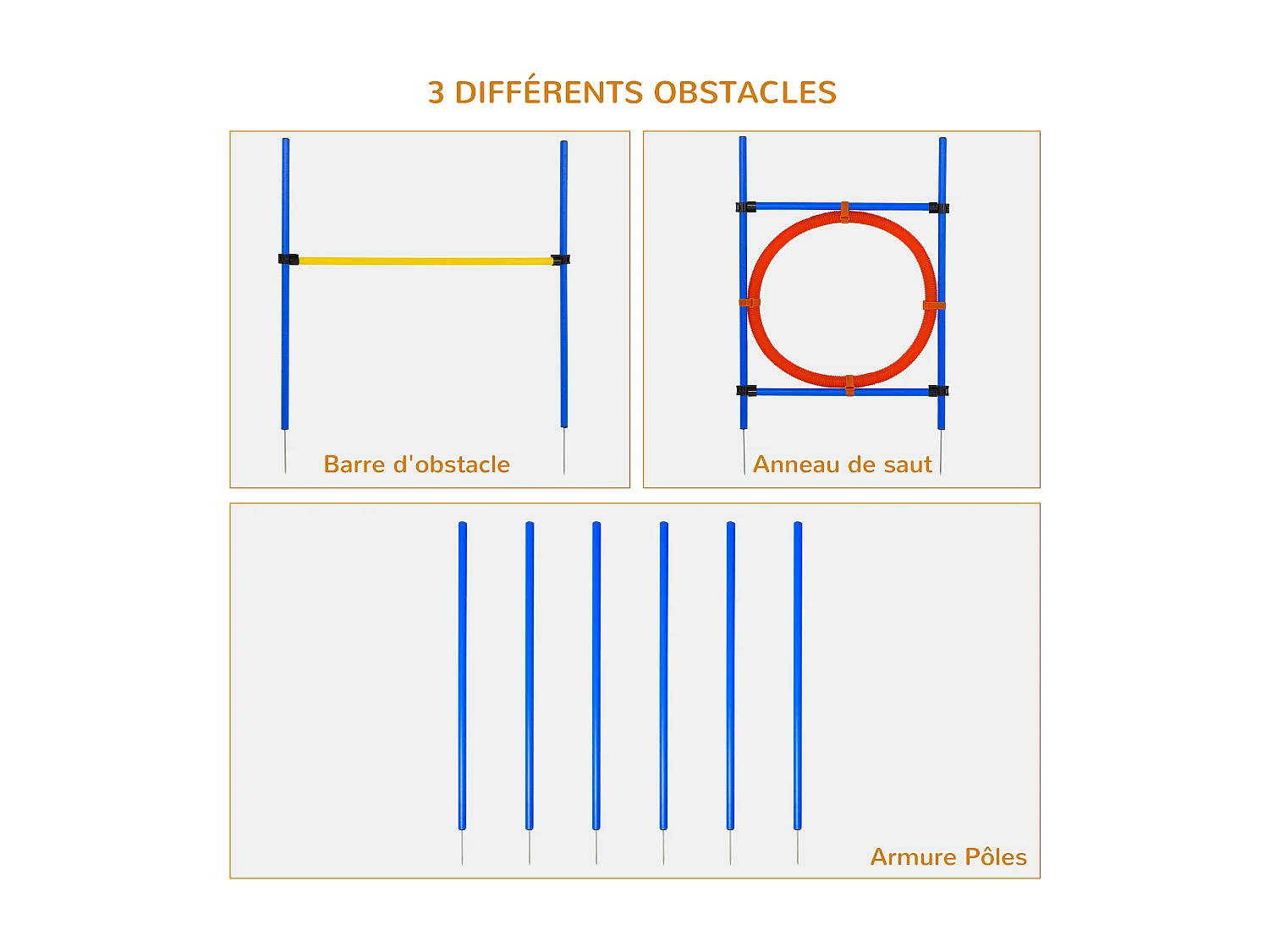 Agility sport pour chiens équipement complet : 6 poteaux slalom, obstacle, anneau + sac de transport bleu jaune rouge