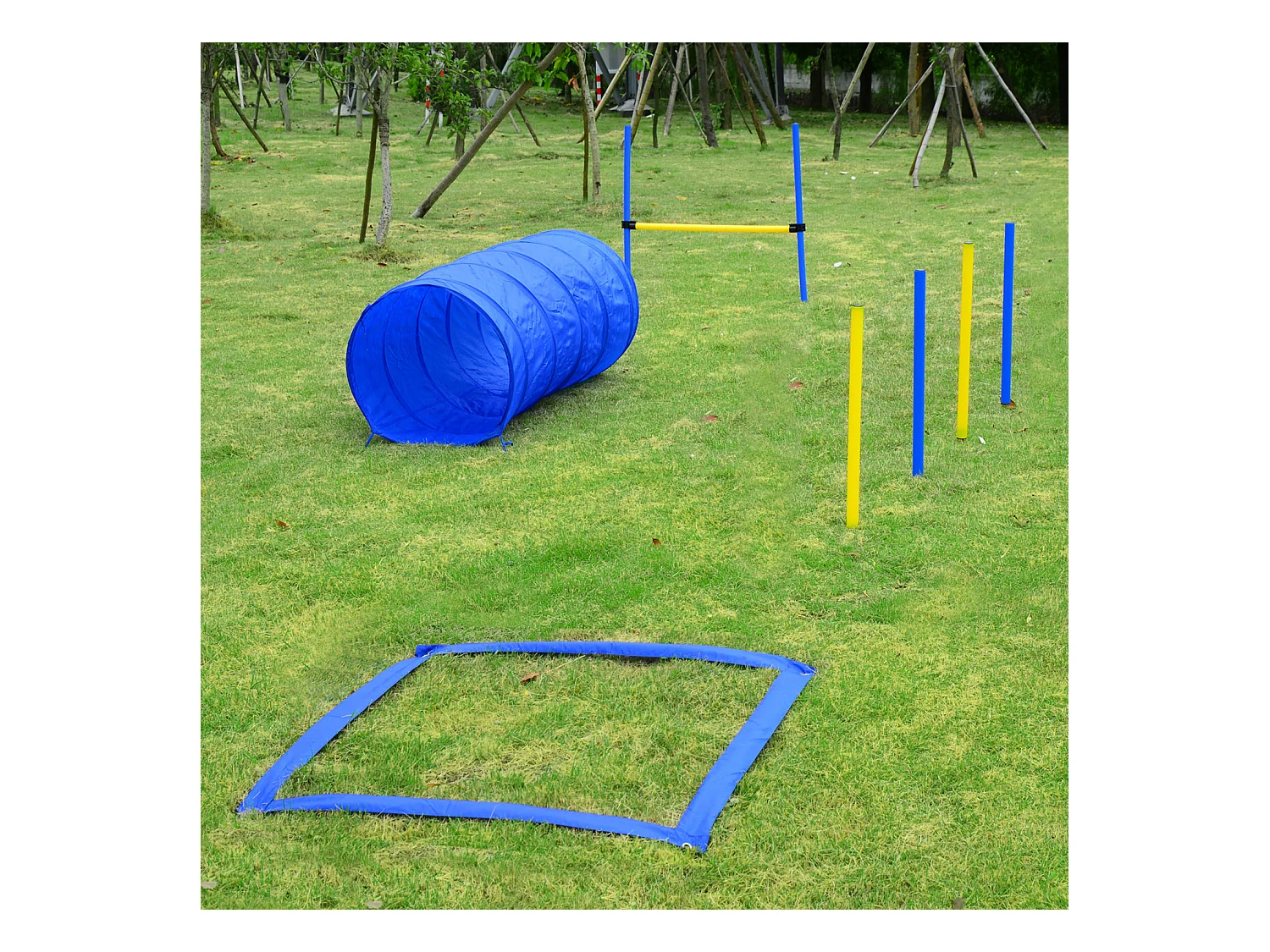 Agility sport pour chiens équipement complet obstacles, tunnel, slalom, zone repos + 2 sacs de transport bleu jaune