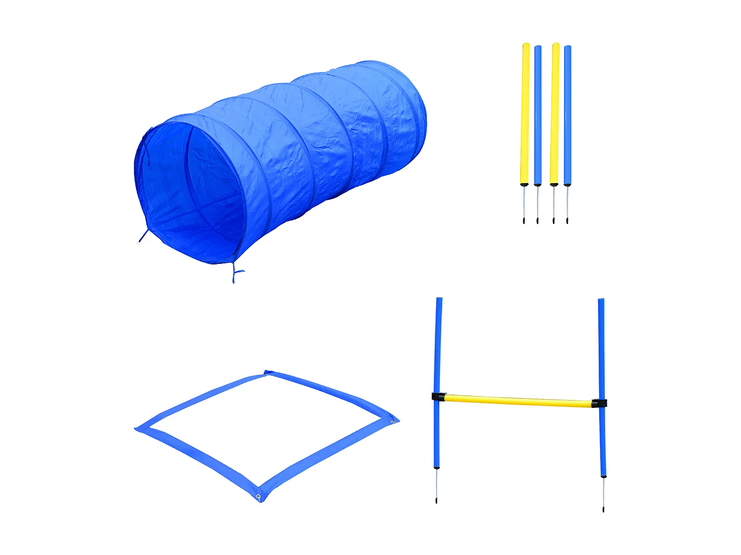 Agility sport pour chiens équipement complet obstacles, tunnel, slalom, zone repos + 2 sacs de transport bleu jaune