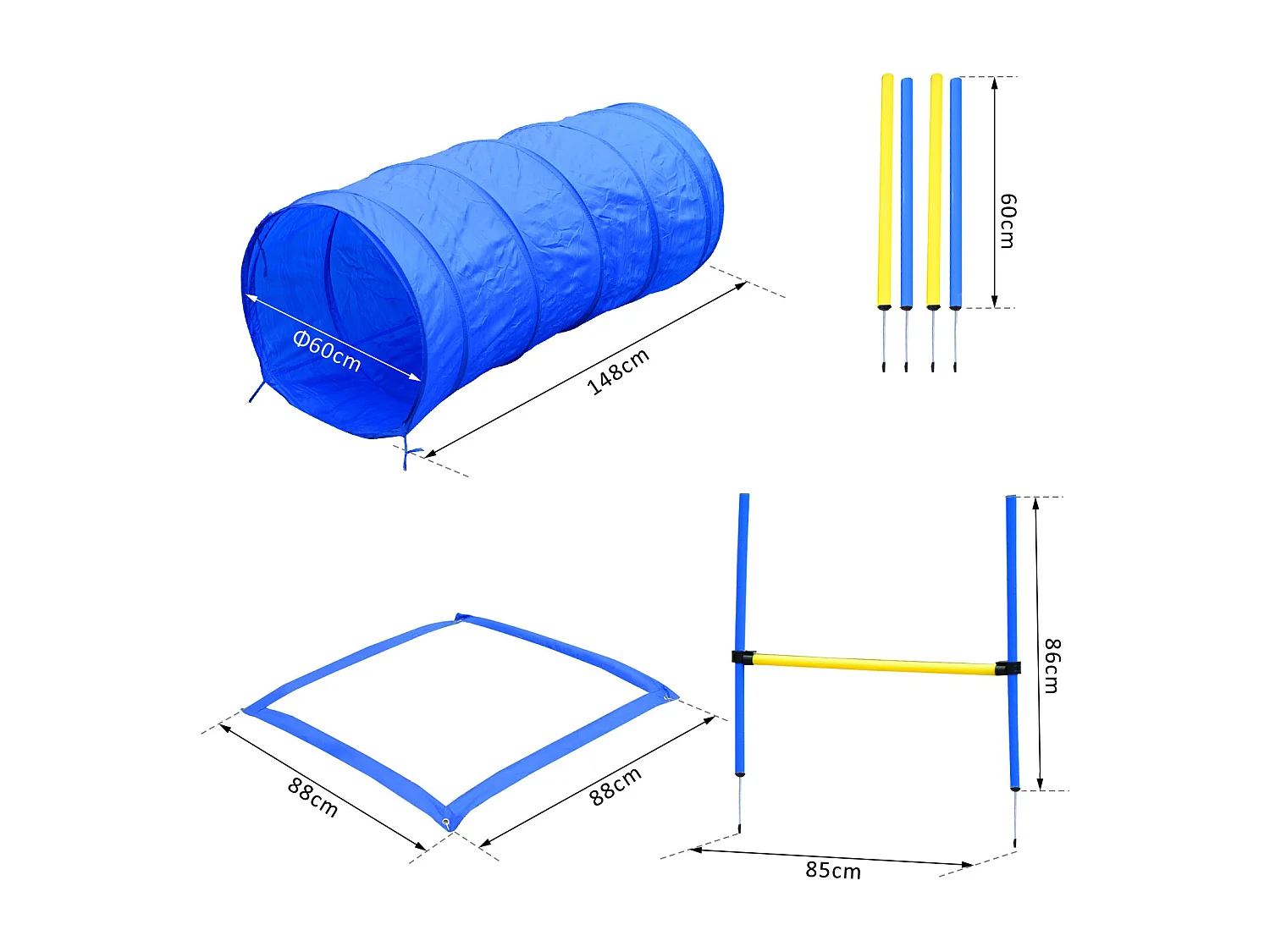 Agility sport pour chiens équipement complet obstacles, tunnel, slalom, zone repos + 2 sacs de transport bleu jaune