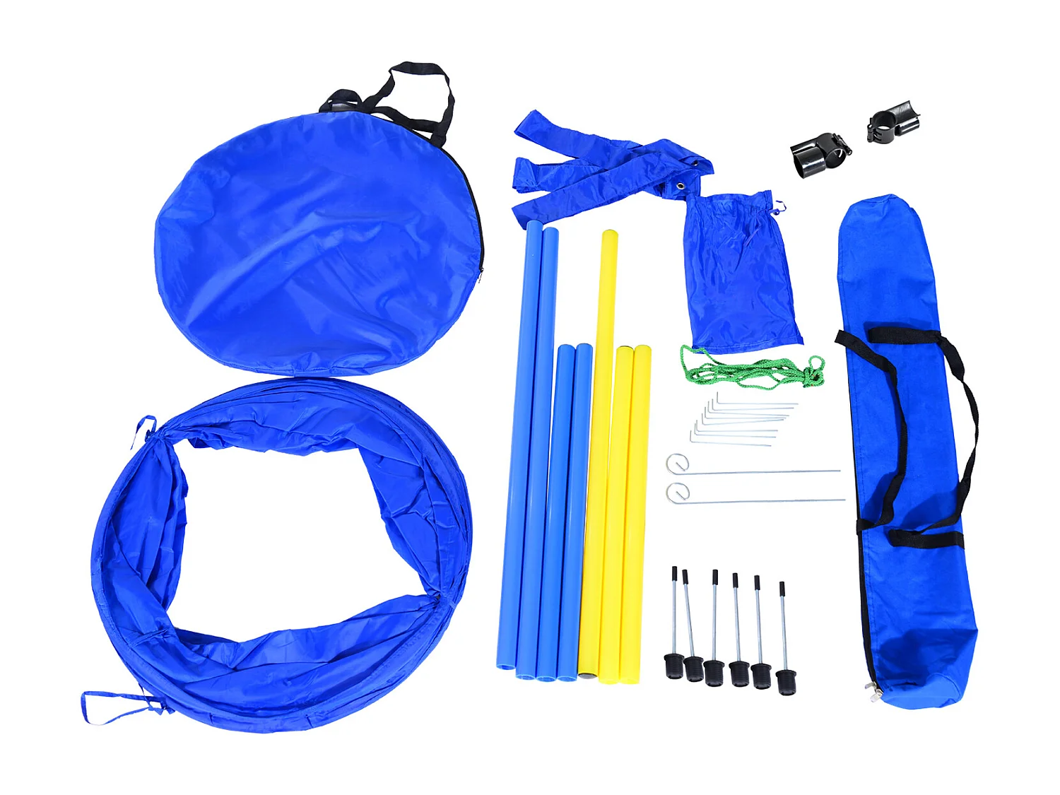 Agility sport pour chiens équipement complet obstacles, tunnel, slalom, zone repos + 2 sacs de transport bleu jaune