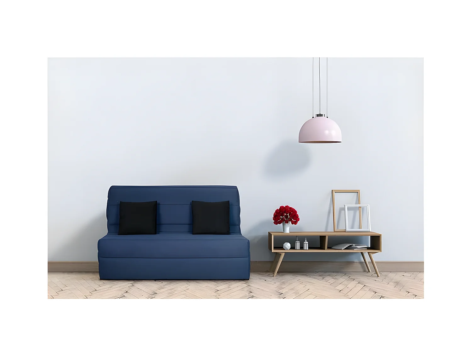 DUNLOPILLO Banquette BZ - Tissu Marine + 2 coussins noir - L 140 x P 99 x H 98 cm - Made in France - ALICE