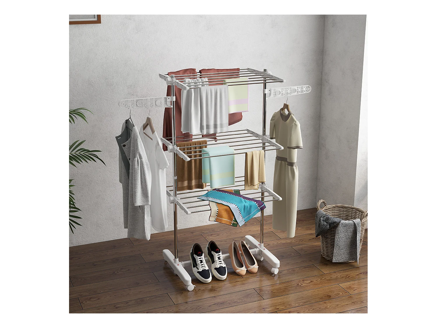 Sechoir à linge étendoir pliable ailes latérales sur 3 niveaux