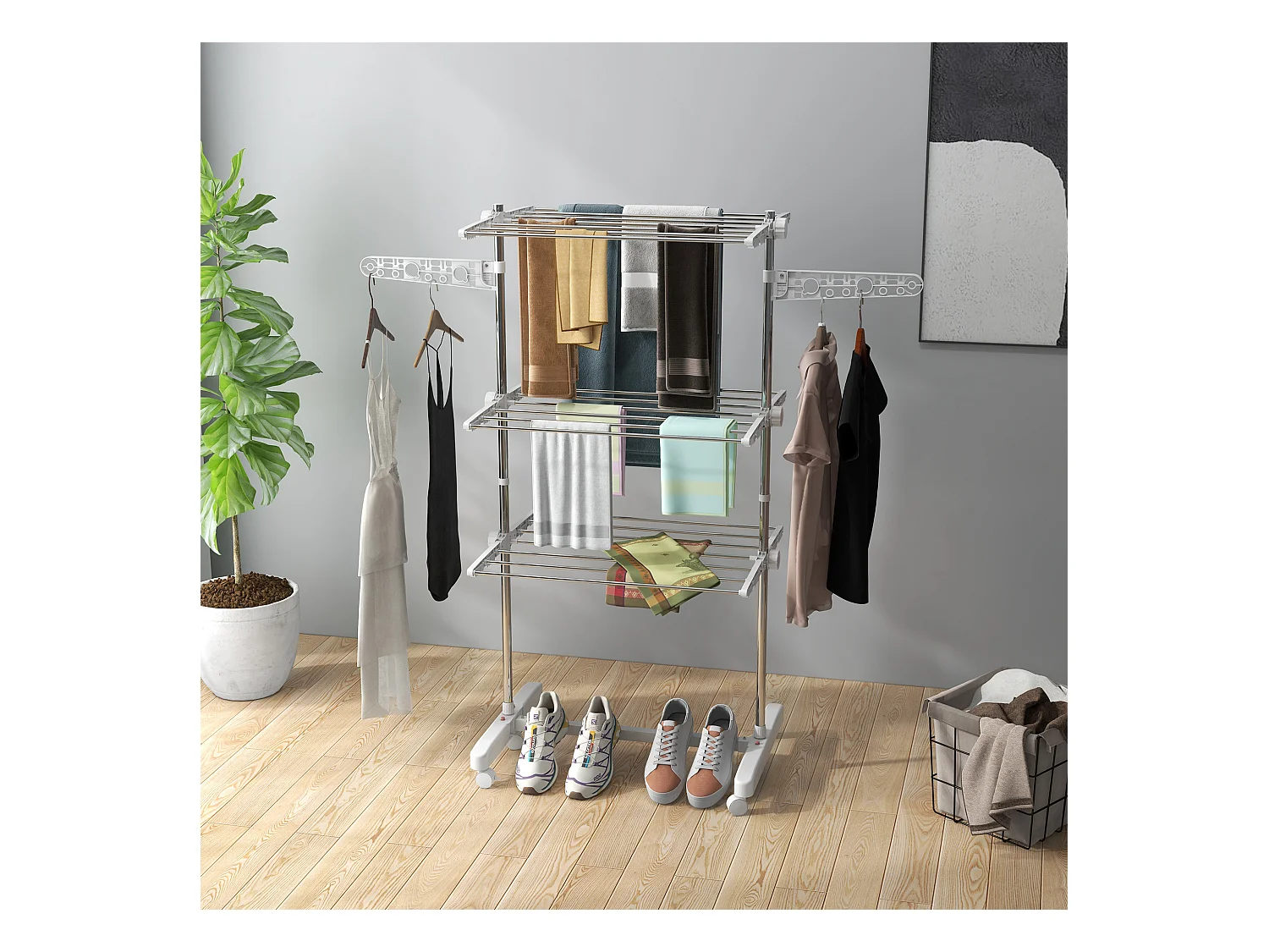 Sechoir à linge étendoir pliable ailes latérales sur 3 niveaux