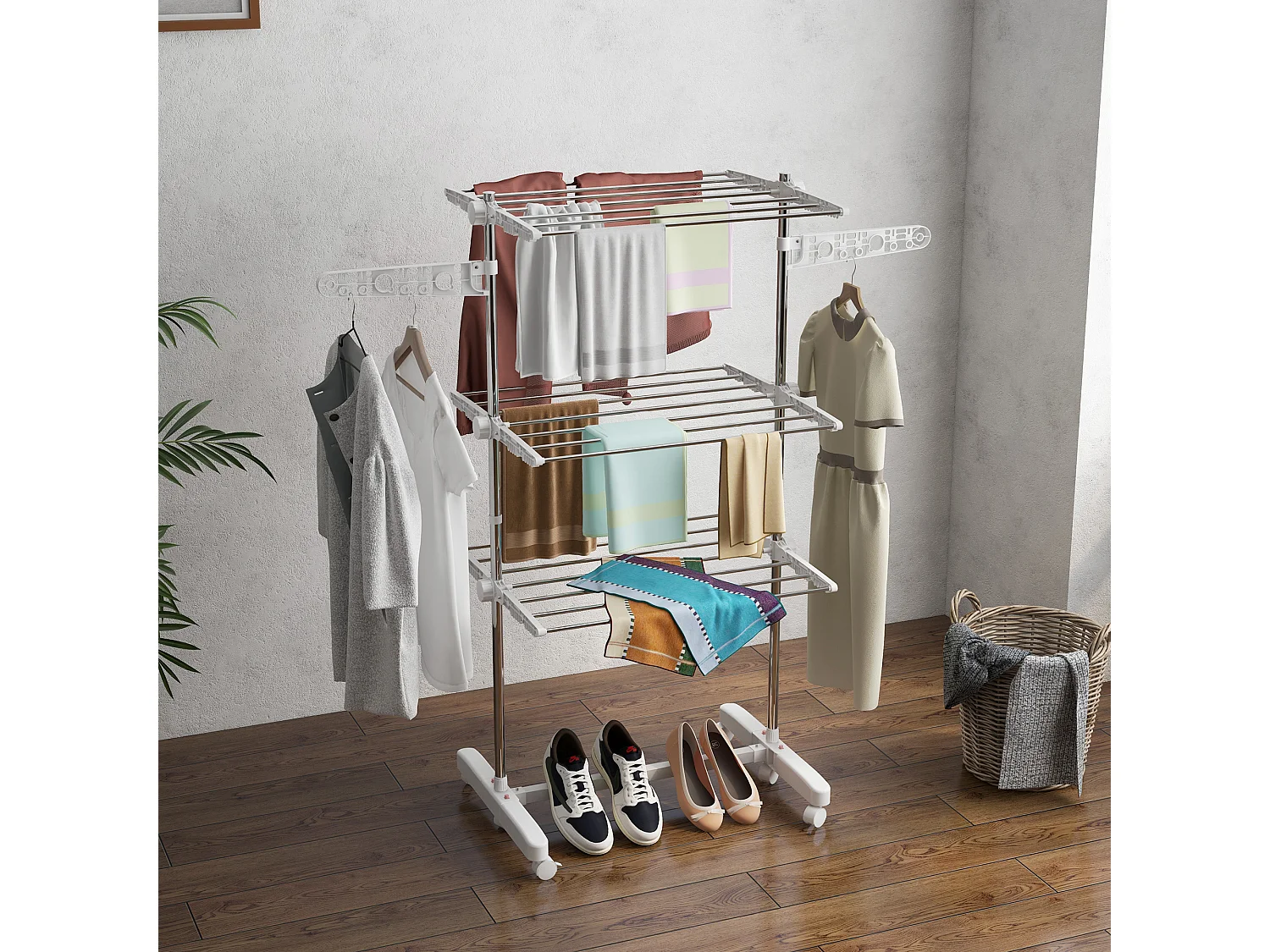 Sechoir à linge étendoir pliable ailes latérales sur 3 niveaux