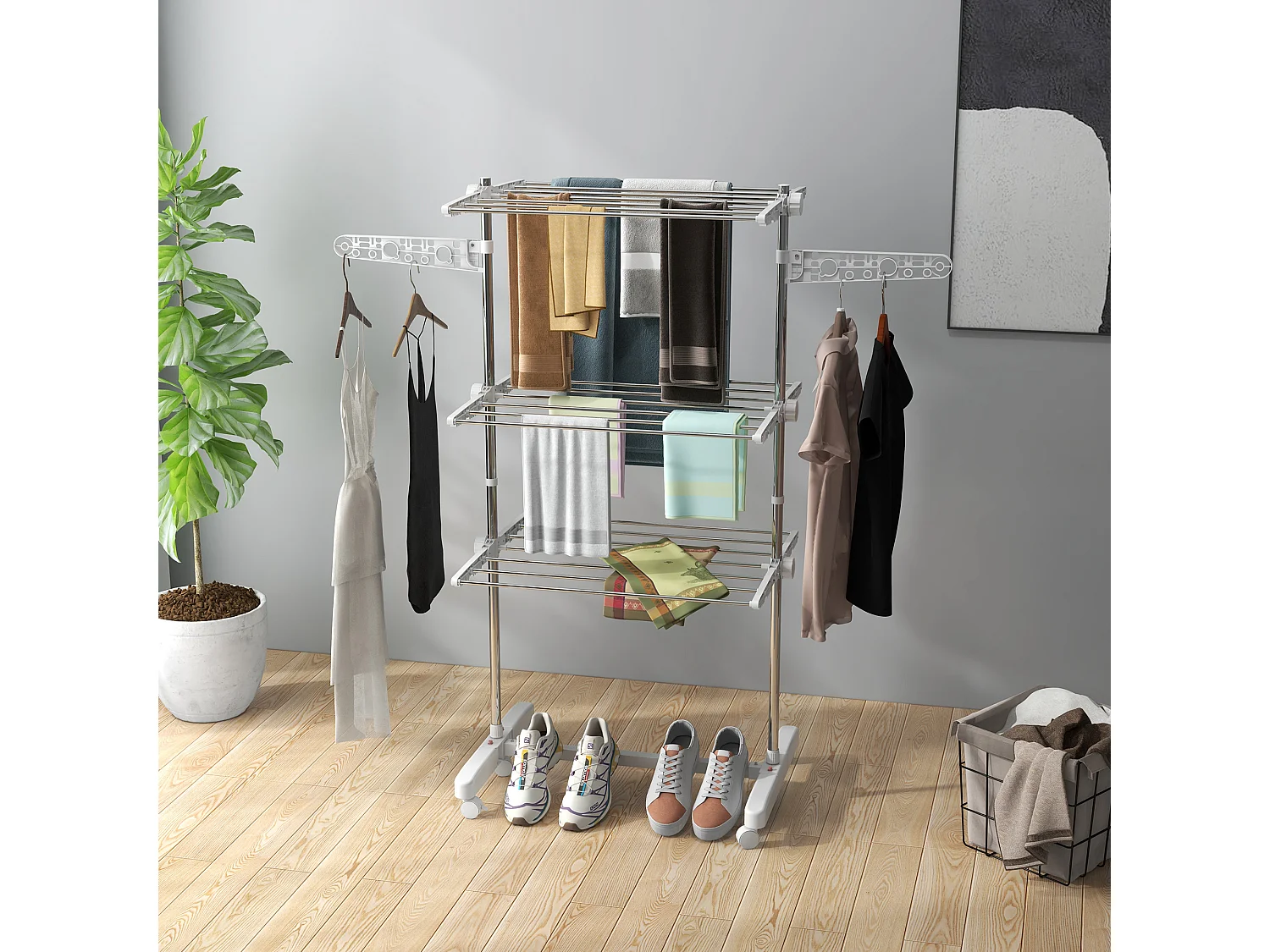 Sechoir à linge étendoir pliable ailes latérales sur 3 niveaux