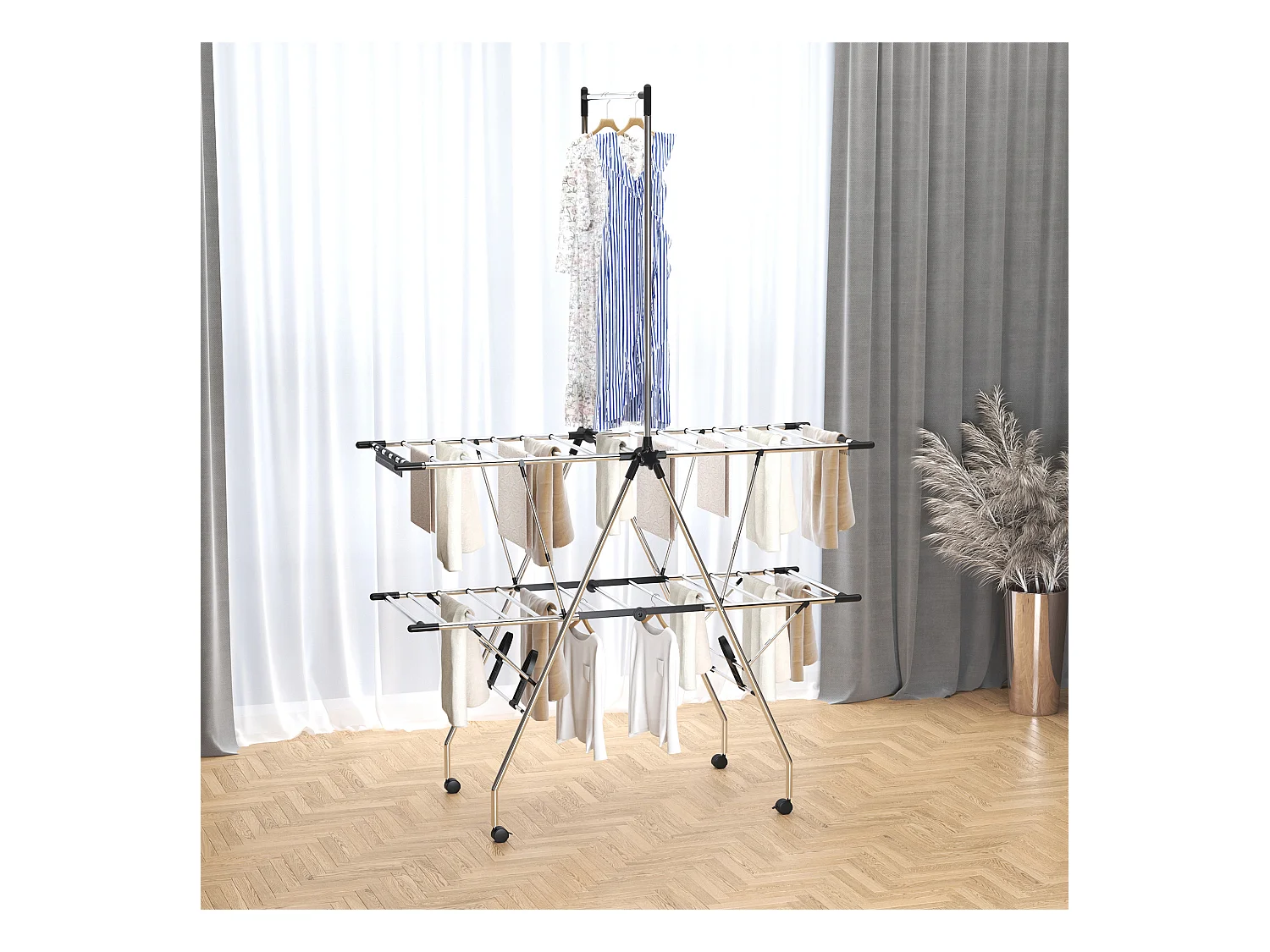 HOMCOM Séchoir à linge étendoir à vêtements pliable réglable avec barre de penderie et roulettes acier inox. PP noir