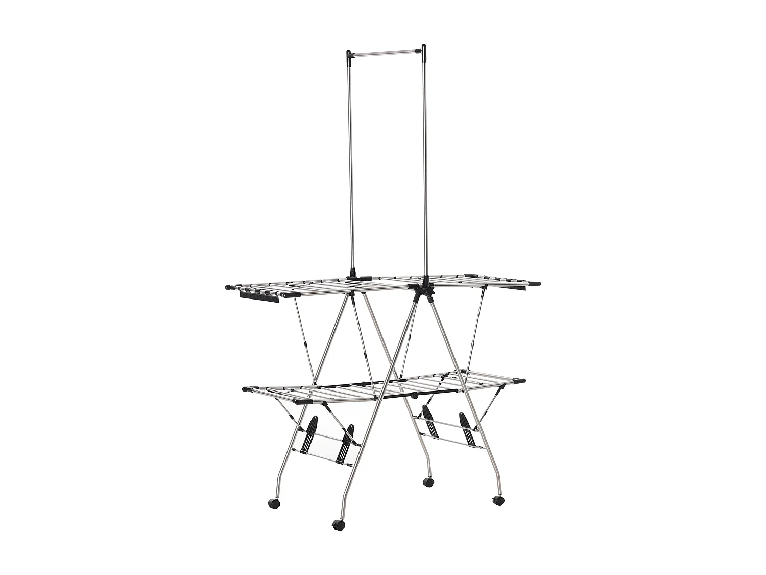 HOMCOM Séchoir à linge étendoir à vêtements pliable réglable avec barre de penderie et roulettes acier inox. PP noir