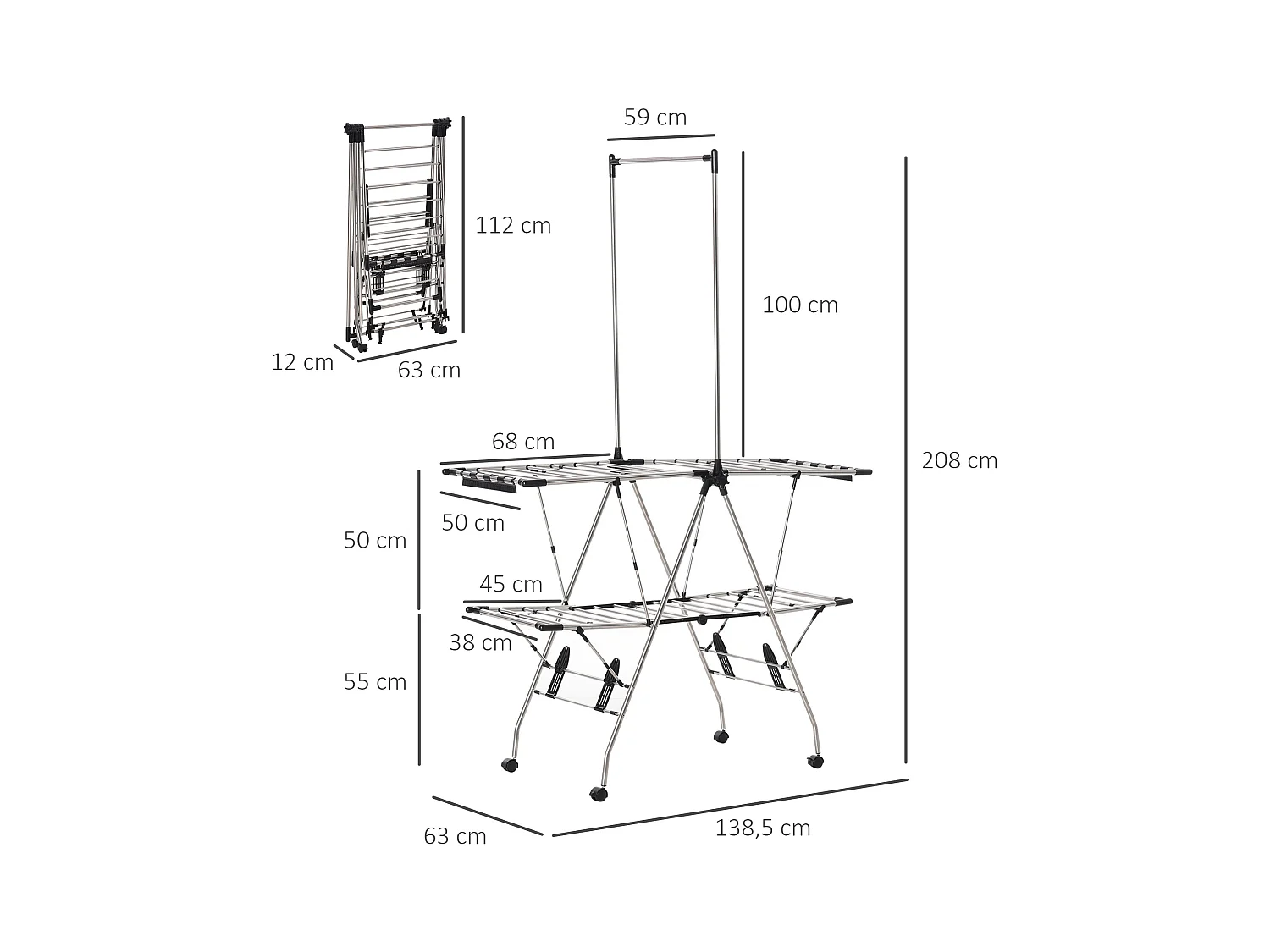 HOMCOM Séchoir à linge étendoir à vêtements pliable réglable avec barre de penderie et roulettes acier inox. PP noir