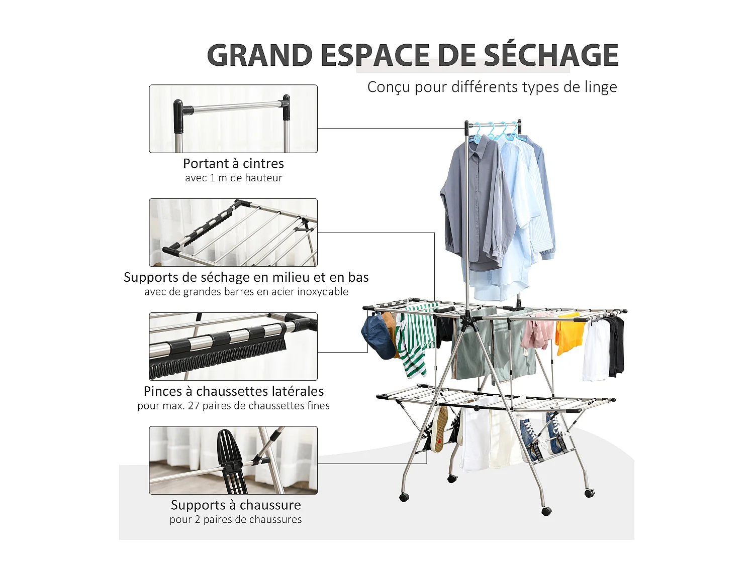 HOMCOM Séchoir à linge étendoir à vêtements pliable réglable avec barre de penderie et roulettes acier inox. PP noir