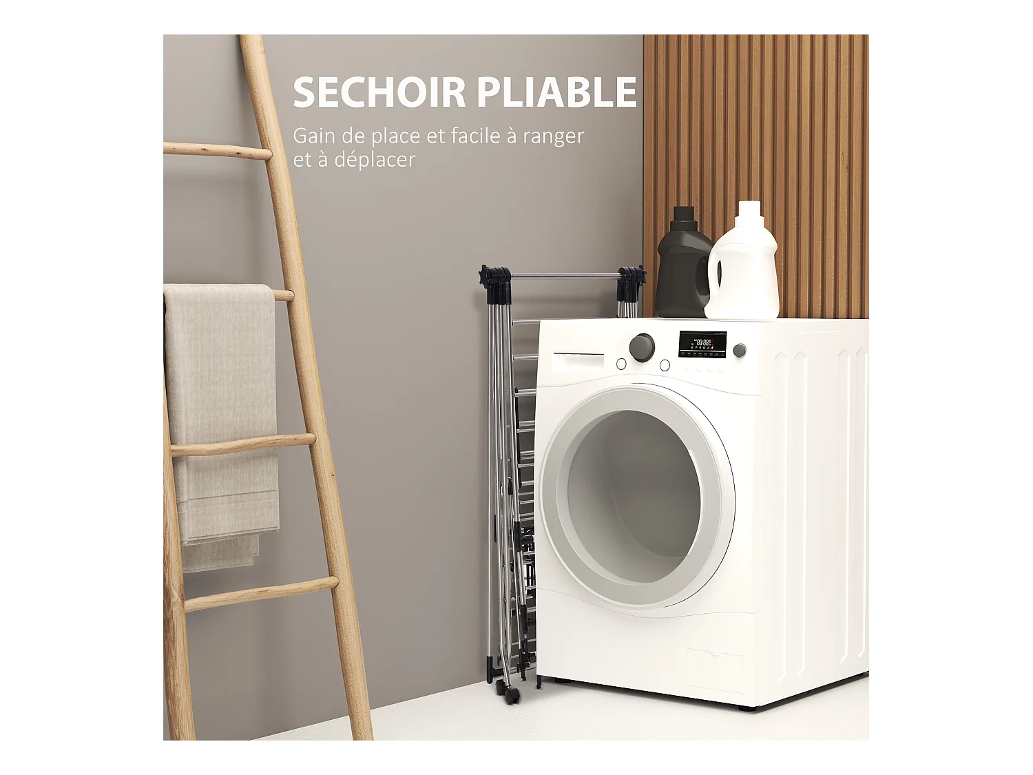 HOMCOM Séchoir à linge étendoir à vêtements pliable réglable avec barre de penderie et roulettes acier inox. PP noir