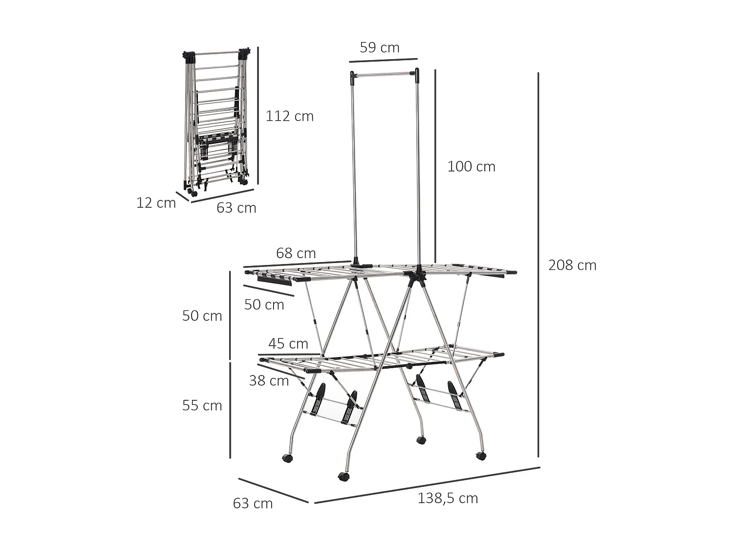 HOMCOM Séchoir à linge étendoir à vêtements pliable réglable avec barre de penderie et roulettes acier inox. PP noir