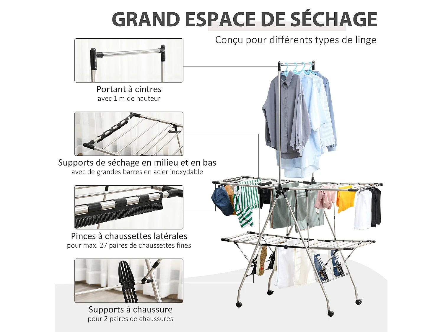 HOMCOM Séchoir à linge étendoir à vêtements pliable réglable avec barre de penderie et roulettes acier inox. PP noir