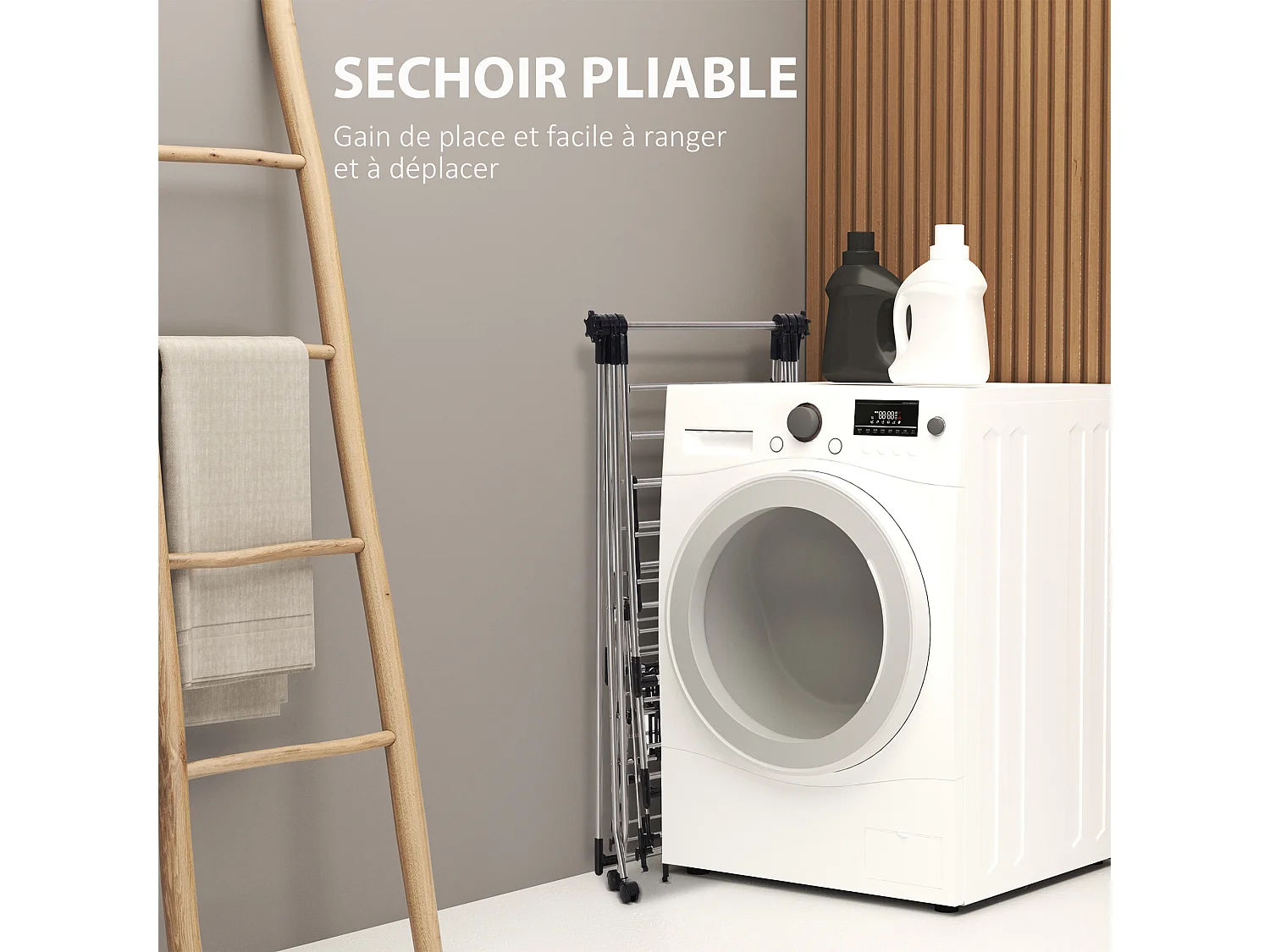 HOMCOM Séchoir à linge étendoir à vêtements pliable réglable avec barre de penderie et roulettes acier inox. PP noir