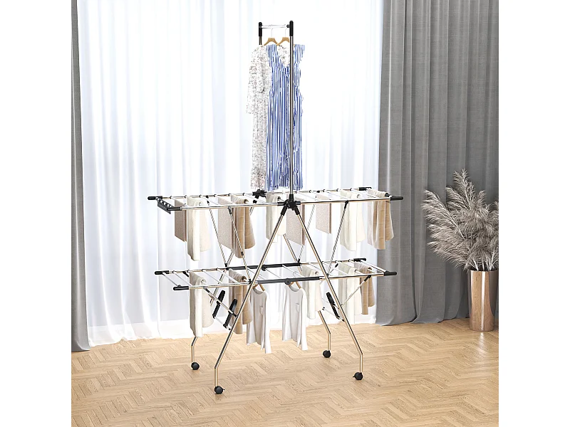 HOMCOM Séchoir à linge étendoir à vêtements pliable réglable avec barre de penderie et roulettes acier inox. PP noir