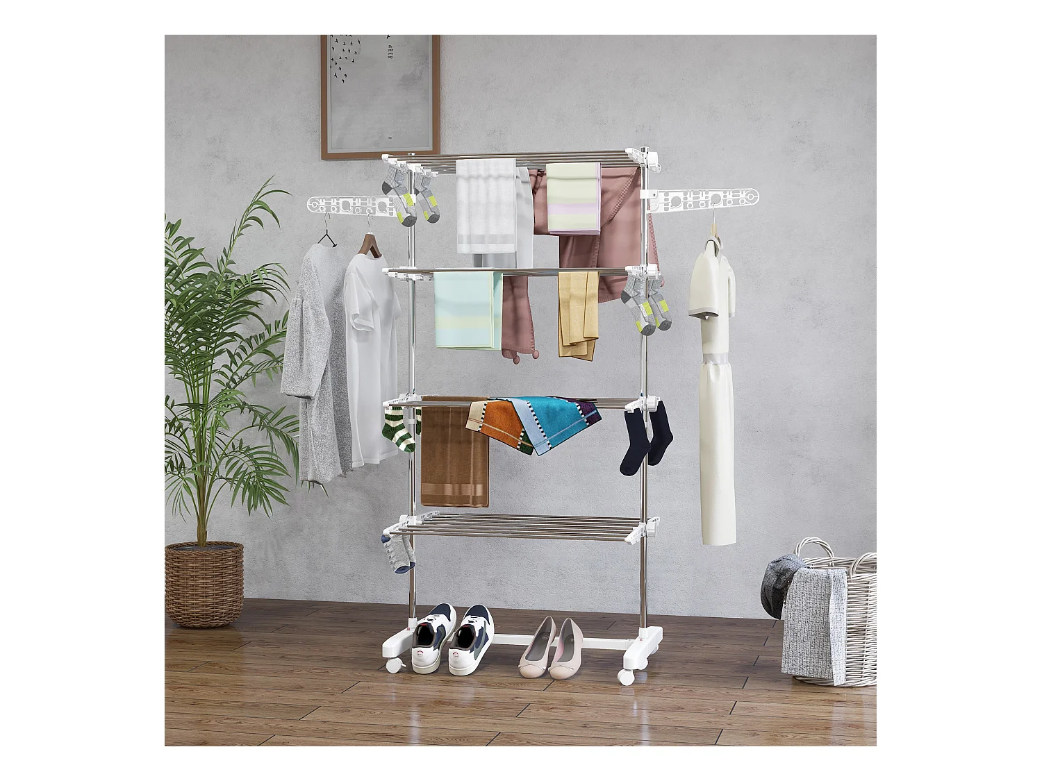 Séchoir à linge étendoir pliable ailes latérales sur 4 niveaux