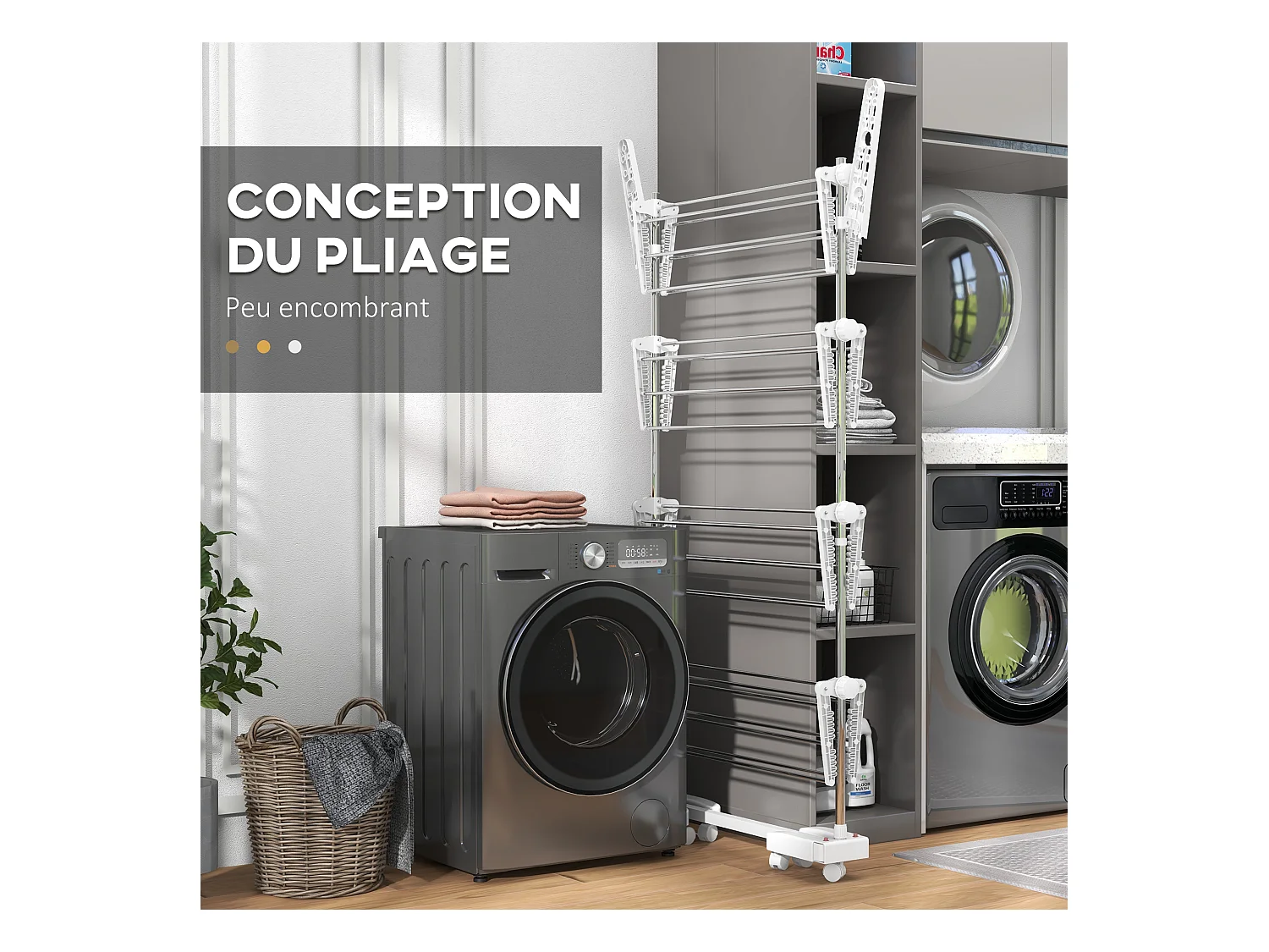 Séchoir à linge étendoir pliable ailes latérales sur 4 niveaux