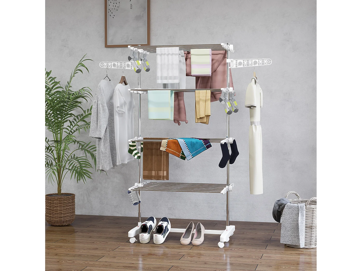 Séchoir à linge étendoir pliable ailes latérales sur 4 niveaux