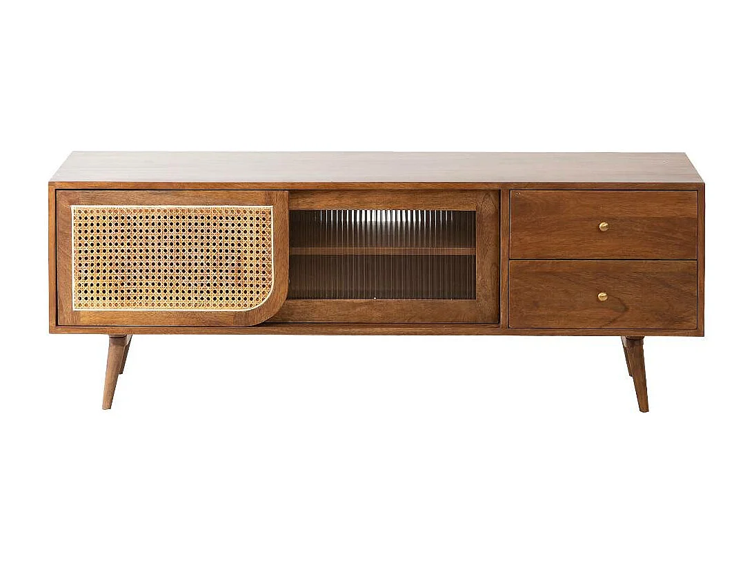 Mueble TV vintage de madera de mango con caña y almacenamiento práctico para dispositivos multimedia